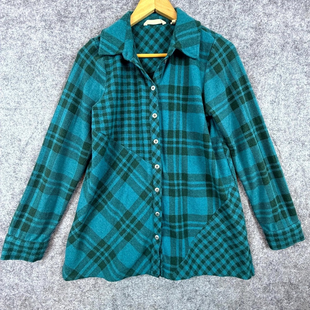 Soft Surroundings Flannel Shirt Womens Small Teal Green Paramour Plaid Patchwork